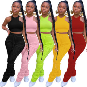Fashion Solid Color Sleeveless Mini Top Drawstring Pleated Trousers Two Piece Sets DN8505