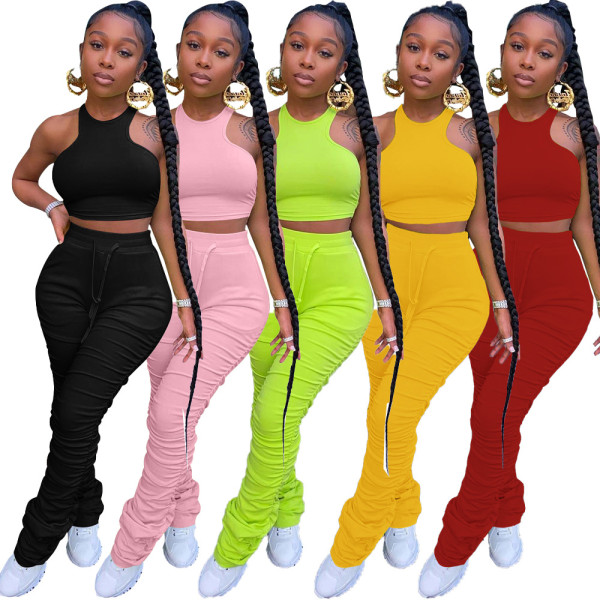 Fashion Solid Color Sleeveless Mini Top Drawstring Pleated Trousers Two Piece Sets DN8505