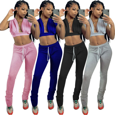 Sports casual solid color home suit sexy V-neck two-piece suit female MY9626