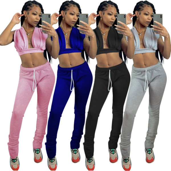 Sports casual solid color home suit sexy V-neck two-piece suit female MY9626