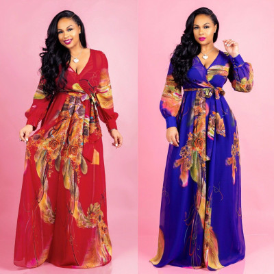 Chiffon Women Oversize V Neck Long Dresses X9136