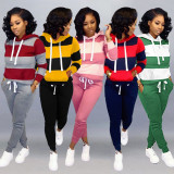 Running Ladies Outfits Striped Hooded Top Pure Color Pants D8313