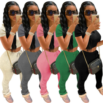 Women's solid color short sleeve trousers sports suit cotton QM4001