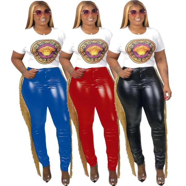Women's Fashion Pu Leather Bottoms Side Fringe Casual Pants SMR9450