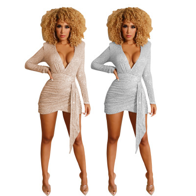 Glitter Sequins Deep V Neck Sexy Gold/Silver Skinny Mini Dress BS1137