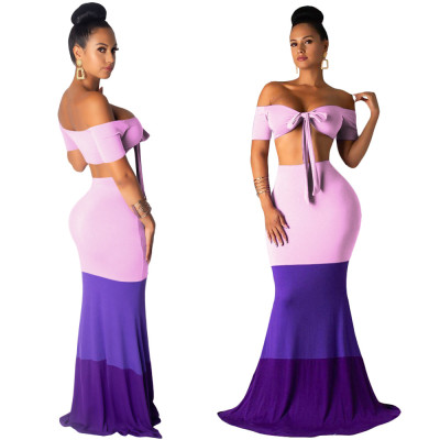 Off Shoulder Tied Bikini Top Color Block Long Expansion Skirt SN3609