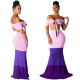 Off Shoulder Tied Bikini Top Color Block Long Expansion Skirt SN3609