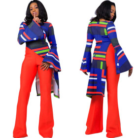 Striped Printed Long Flare Sleeves Fashion Women Tops HM5170