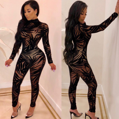 Black Mesh Bodycon Club Sexy Jumpsuits QZ3246