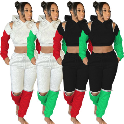 Fashion Contrast Stitching Zipper Long Sleeves Hooded Cropped Sweater With Drawstring Trousers Two P