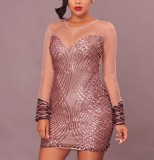 Club Women Sequins Mesh Patchwork Wrap Dress CF00224