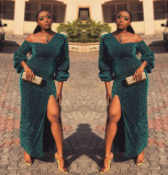 Sexy Split Perspective Oblique Shoulder Long Dress D8227