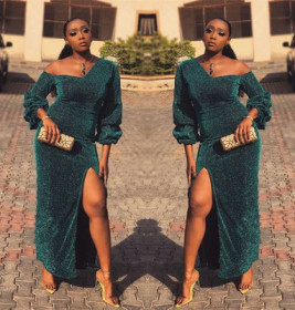 Sexy Split Perspective Oblique Shoulder Long Dress D8227
