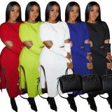 Fashion Hollow Out Round Neck Long Sleeves Mini Top With Split Midi Skirt Two Piece Set ZSC079