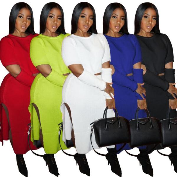 Fashion Hollow Out Round Neck Long Sleeves Mini Top With Split Midi Skirt Two Piece Set ZSC079