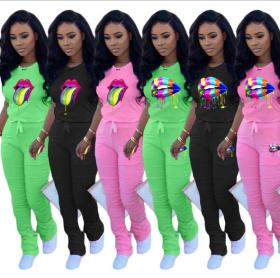 Casual Lips Printing T-Shirt Drawstring Trousers Two Piece Suit ARM8191