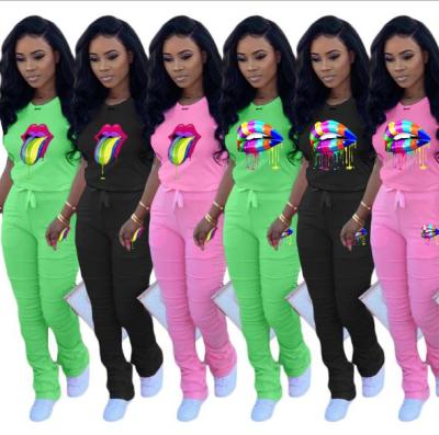 Casual Lips Printing T-Shirt Drawstring Trousers Two Piece Suit ARM8191
