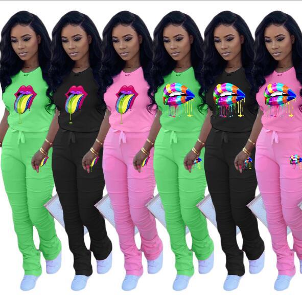 Casual Lips Printing T-Shirt Drawstring Trousers Two Piece Suit ARM8191