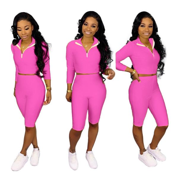 Solid Bodycon Suits Turn-Down T-Shirt Mid Shorts ORY5102