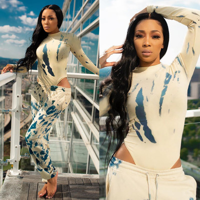 Fashion Tie Dye Printed Round Neck Long Sleeves Top With Drawstring Trousers Two Piece Set GLS8036