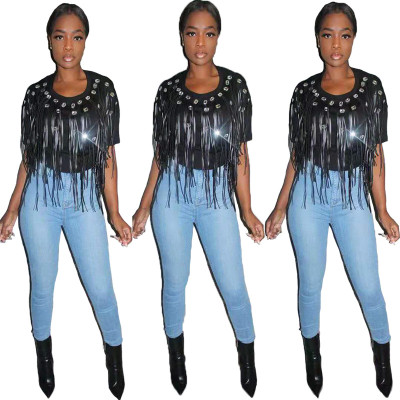 Women Black Slim Fitting Diamond Deco T-Shirt With Tassel CCY8253