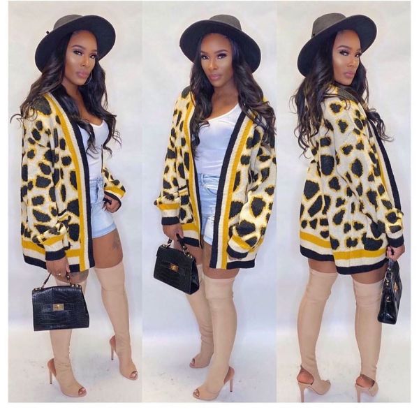 Loose Cardigan Leopard Print Mature Women Knitting Long Coat MD288