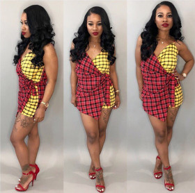 Hot Sale Strapy Plaid Mini Dresses J5024