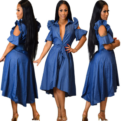 Hot Denim Turn-Down Collar Oversize Ruffle Sleeves Midi Dress QQ5129