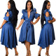 Hot Denim Turn-Down Collar Oversize Ruffle Sleeves Midi Dress QQ5129