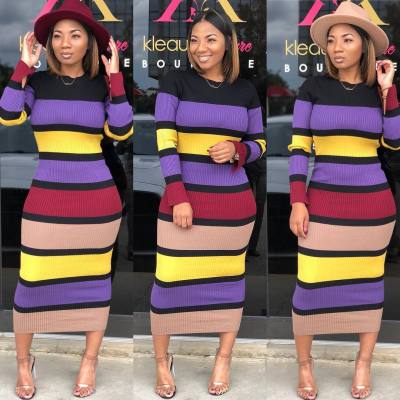 Ladies Stretchy Colorful Stripe Ribbed Midi Dress MD129