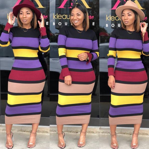 Ladies Stretchy Colorful Stripe Ribbed Midi Dress MD129