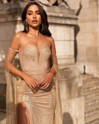 Elegant Women Sequins Party Split Strapless Maxi Dress KLY1685