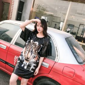Black Sequin T Shirt Dress TYG033