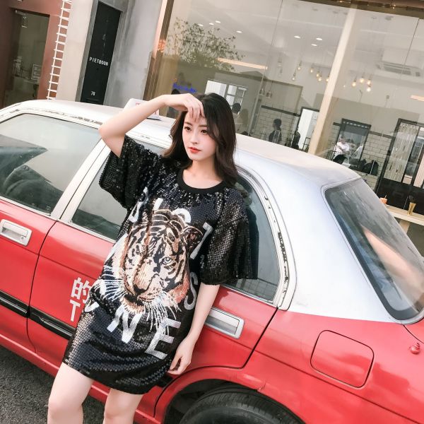 Black Sequin T Shirt Dress TYG033