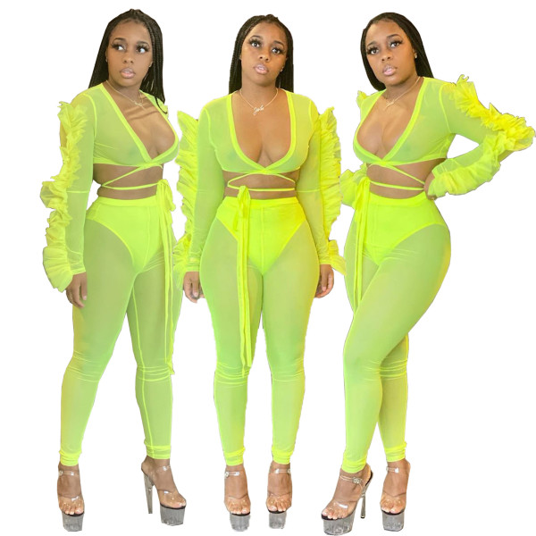 Fungus edge cross strap netting suit YT3216