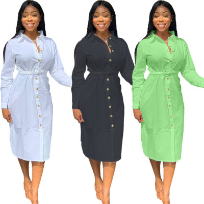 Plus Size Solid Color Button Down Long Sleeves Dress YX9136
