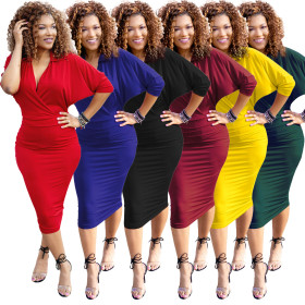 V-neck solid color bat sleeve dress professional wear YM8385