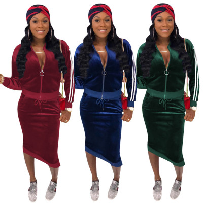 Casual Striped Splicing Outdoor 2 Pieces Velvet Skirt Suits OEP6071