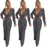 Fashion Bandage Top Flare Pants Hot Polka Dot Women Sets E8132