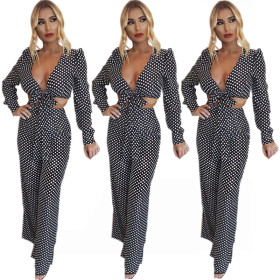 Fashion Bandage Top Flare Pants Hot Polka Dot Women Sets E8132