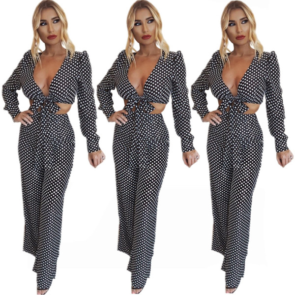 Fashion Bandage Top Flare Pants Hot Polka Dot Women Sets E8132