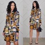 Women Long Sleeves Printing Dress With Belt YZ1656