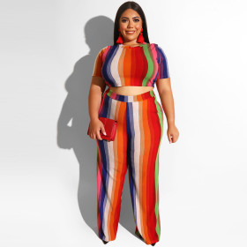 Stripe print tight T-shirt straight trousers two-piece suit 19318