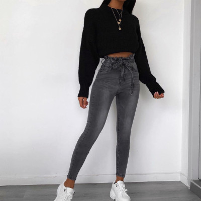 Casual Solid Color Skinny Jeans High Waist Lady Belted Pants SN3683