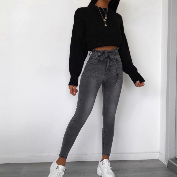 Casual Solid Color Skinny Jeans High Waist Lady Belted Pants SN3683