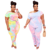 Womens plus size tie-dye long pants with pleated two-piece suit BD8017