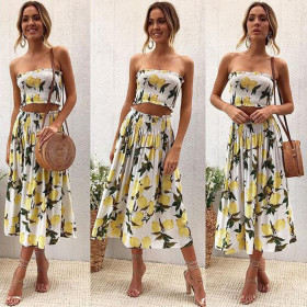 Sexy Printed Strapless Mini Top With Midi Skirts 2 Pcs Dress Set BN0824