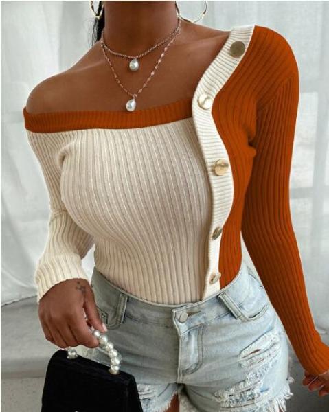 Autumn Knitting Stitching Button One Shoulder Long Sleeves Mini Top ST20209