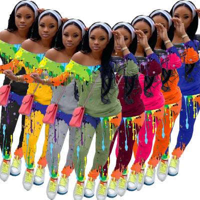 Casual Graffiti Off Shoulder Long Sleeves Top With Pants Two Piece Set FS3570