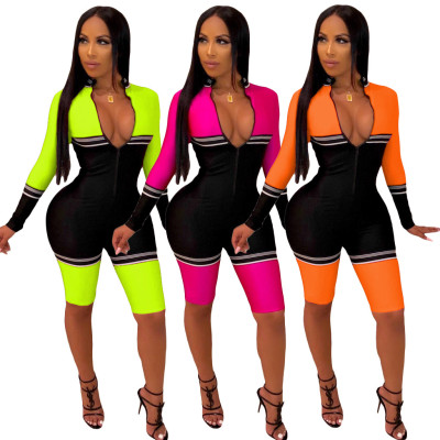 Sports Color Patchwork Long Sleeves Zipper Slim Mid Jumpsuit ML7236